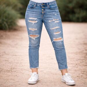 We The Free Blossom Crop Skinny Jeans Womens 26 Blue Distressed Button Fly